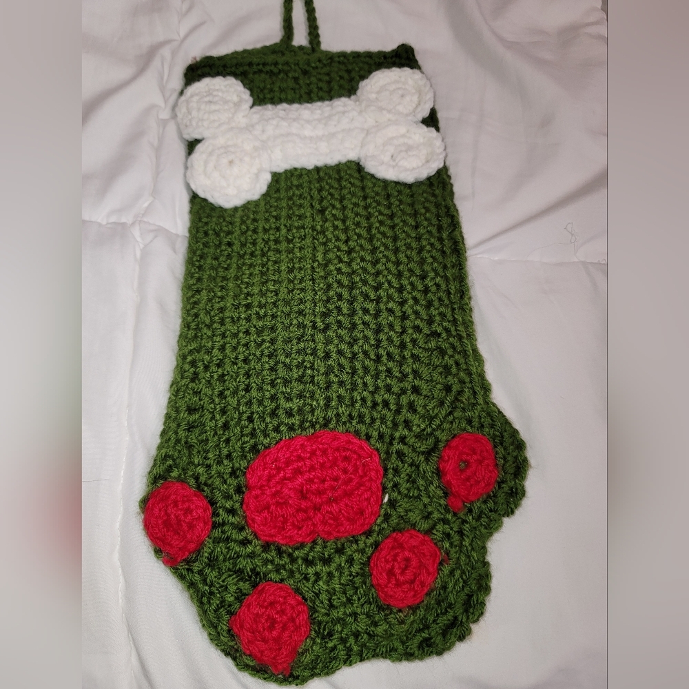 Handmade Crochet Dog Stocking (Vintage) White with bone and green paw